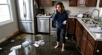 Distressed homeowner in Southern California standing in a flooded kitchen while making an urgent phone call to an insurance adjuster for water damage recovery.